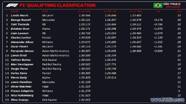 2024年F1圣保罗大奖赛排位赛收获表